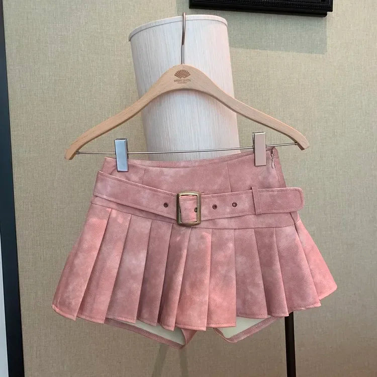 Aiertu  New Winter Women’s Sexy 90S PU Faux Leather Skirt Short Skinny High With Belt Short Mini Pleated Skirt With Shorts Y2K Aiertu