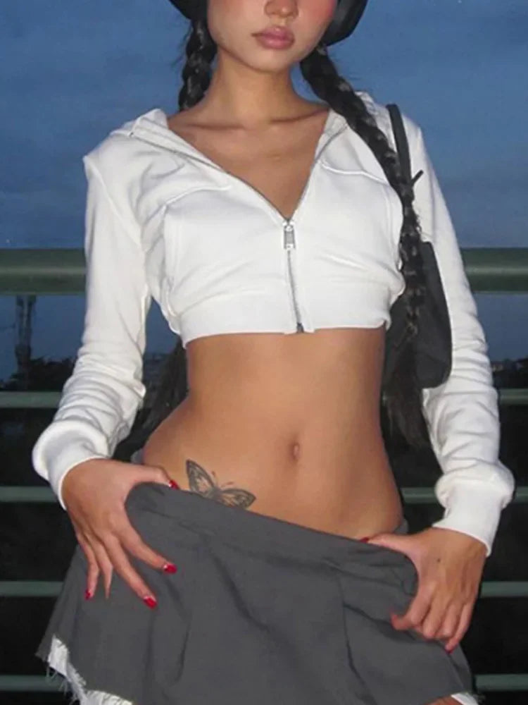Aiertu FALL OUTFITS Y2K Aesthetic Vintage Basic Zip Up White Cropped Hoodies 2000s Fashion Big Pockets Front Hooded Long Sleeve Sweats Cute aiertu