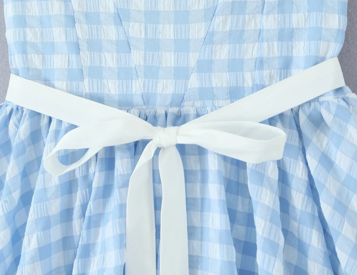 AIERTU  -  Blue Gingham Halter Mini Dress Women Y2K Ruffle Bustier Puff Balloon Hem Party Dress Aiertu