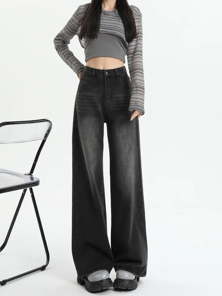 Aiertu Black Gray American Retro Jeans Wide Leg Baggy Pants Streetwear Trousers Y2k Fashion Spice Girls Denim Pants Straight Jeans aiertu