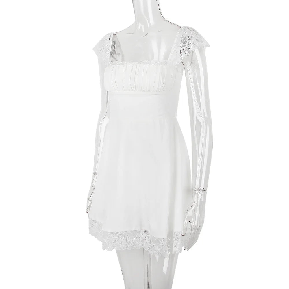 AIERTU  -  Lace Square Collar U Neck Mini Dress Skirt Straps Suspenders Slim Aline Backless White French Sweet Dress Summer Sleeveless Aiertu