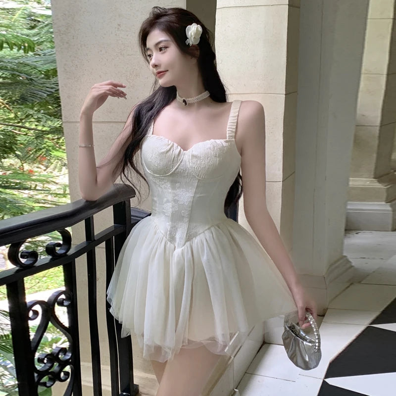 Women Retro Slit V neck Corset Strap Dress Bright Chiffon Spliced Wood ears Ruffle Hem Cake Mini Party Dresses Robe Aiertu