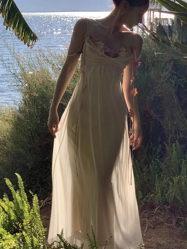 Aiertu Acetic Acid Suspender Jumpsuit For Women In Summer, High-End And Exquisite One Line Neckline Sleeveless Floral Dress In The Mist Aiertu