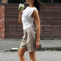 AIERTU  -  Summer White Sleeveless Slimming T-shirts Irregular Round Collar Solid Trendy All-match Tops Clothing Streetwear Aiertu