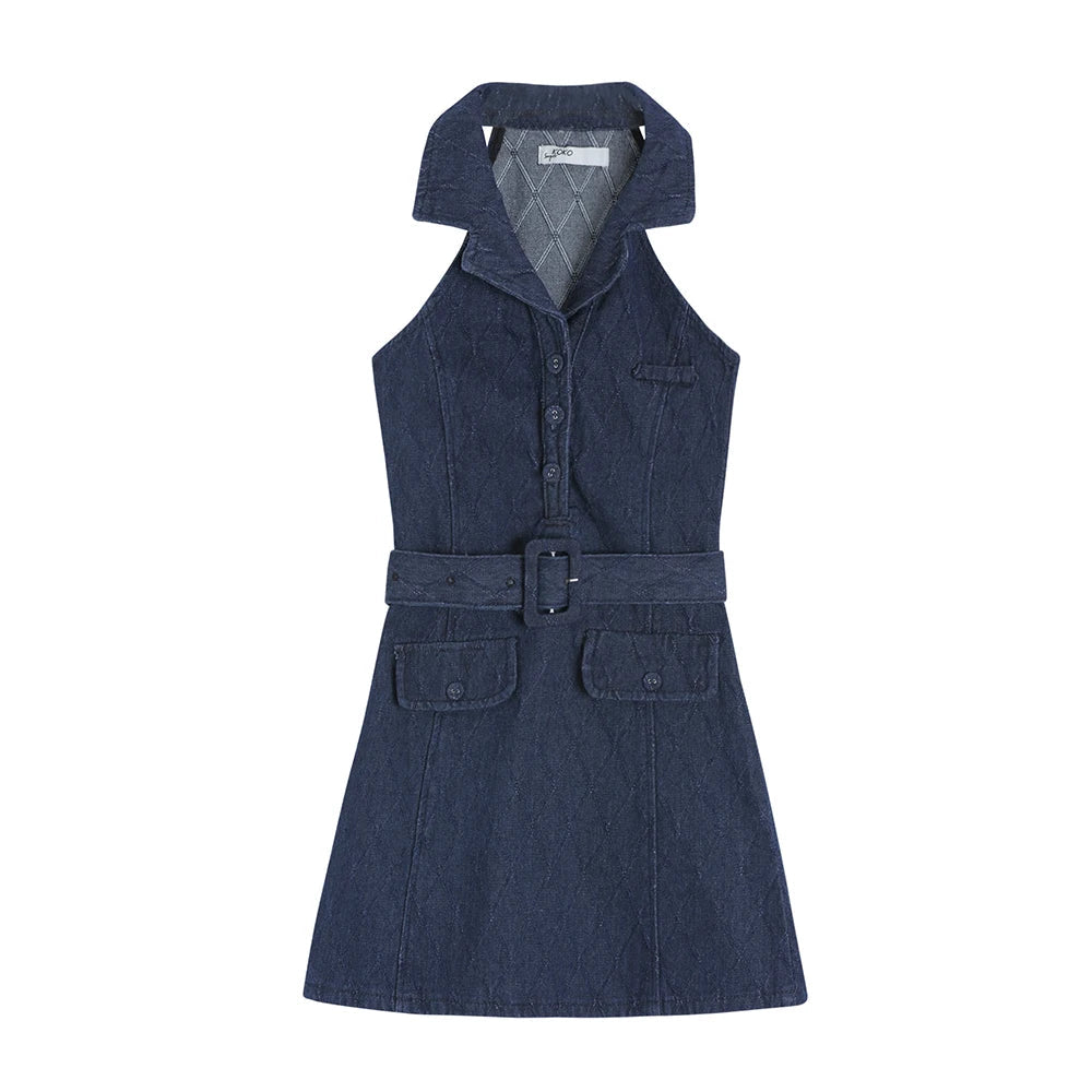 Aiertu Summer Retro Blue Turn-down Collar Off Shoulder Button Denim Mini Dress Women Sleeveless High Waist A-line Jeans Short Dress New Aiertu
