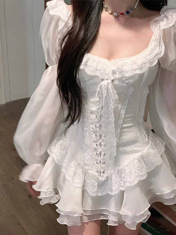White French Elegant Evening Party Dress Women Casual Sexy Lace Puffed Sleeve Short Robe Summer Korean Y2k Sweet Mini Dress Chic Aiertu
