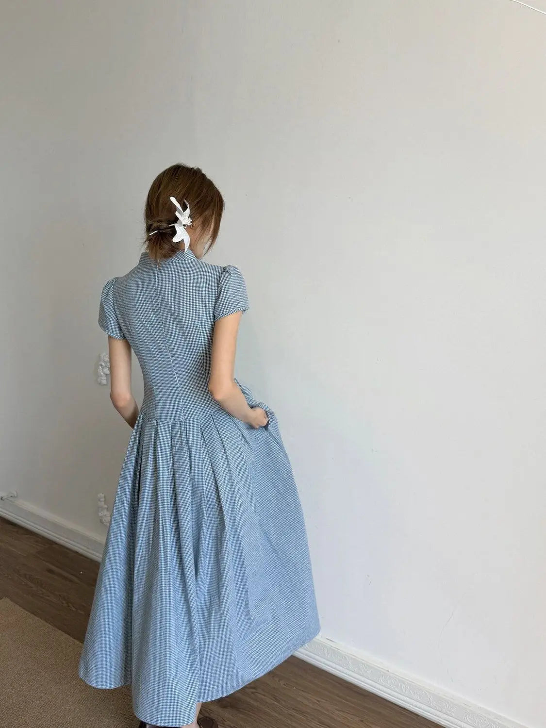 AIERTU  -  Retro Plaid Mid-neck Dress Women's Summer Short-sleeved Waist Big Bow Long Dress Aiertu