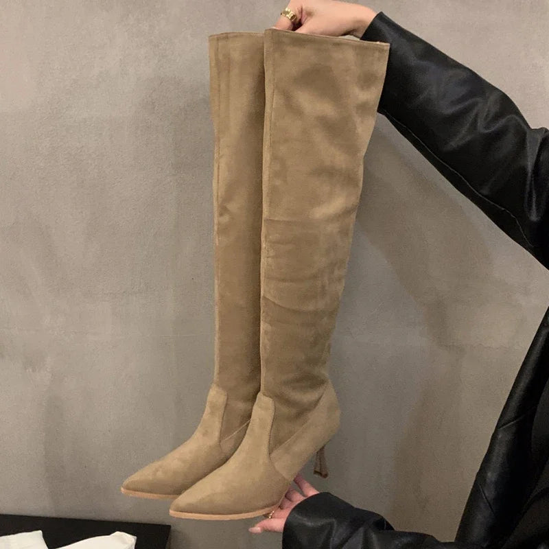 Sexy High Heel Women Knee High Boots Fashion Pleated Slip On Shoes Autumn Winter Ladies Knight Long Booties Aiertu