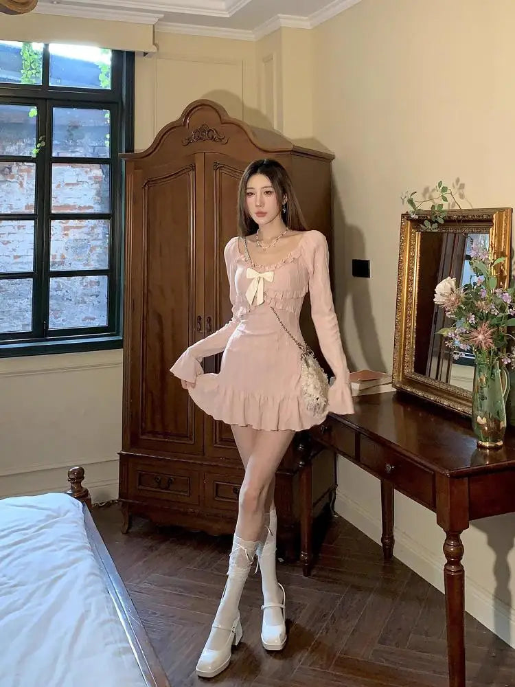 Aiertu Autumn Sweet French Pink Bow Print Temperament Wrapped Hip Short Dress Women High Waist Bohemian Long Sleeve Ruffles Mini Dress Aiertu