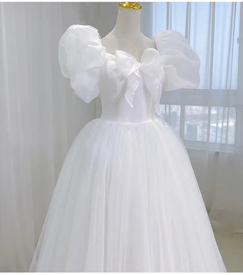 Aiertu White Elegant Sweet Princess Dress Women Bow Puff Sleeve Korean Kawaii Midi Dress Female Autumn Casual Evening Party Dress Aiertu