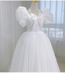 Aiertu White Elegant Sweet Princess Dress Women Bow Puff Sleeve Korean Kawaii Midi Dress Female Autumn Casual Evening Party Dress Aiertu
