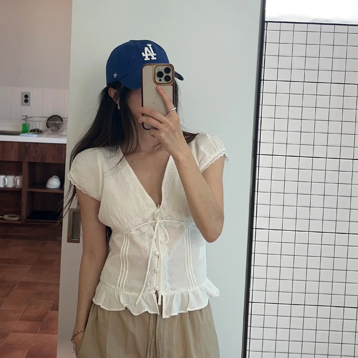 AIERTU  -  Fashionable Korean Style Splice Lace Trim Slim Fit Short Sleeve Top Women's Shirt Versatile Style Summer Deformation Aiertu