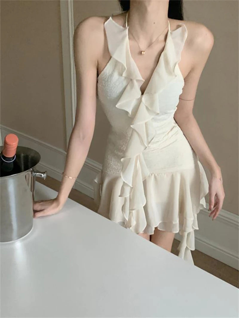 Aiertu French Ruffles Folds Solid Women Dress Fashion High Waist A Line Ladies Mini Dress Summer Sexy Off Shoulder Female Vestidos Aiertu
