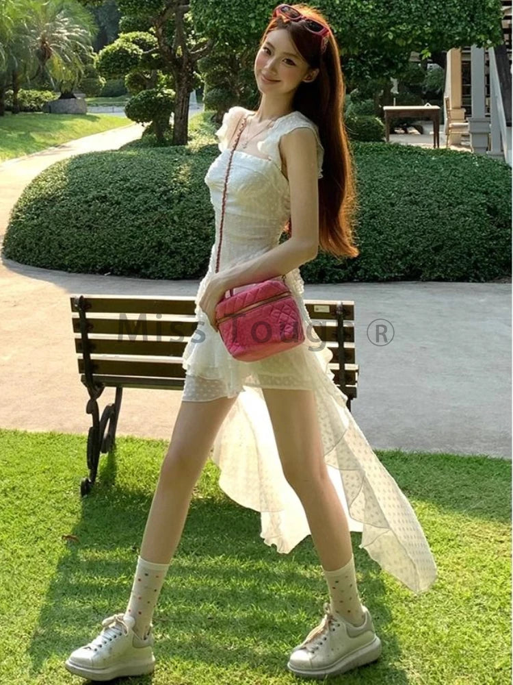 Summer Sexy Y2k Vintage Mini Dress Women Irregular Korean Fashion Casual One Piece Dress Female Tierred Elegant Chic Clothes New Aiertu