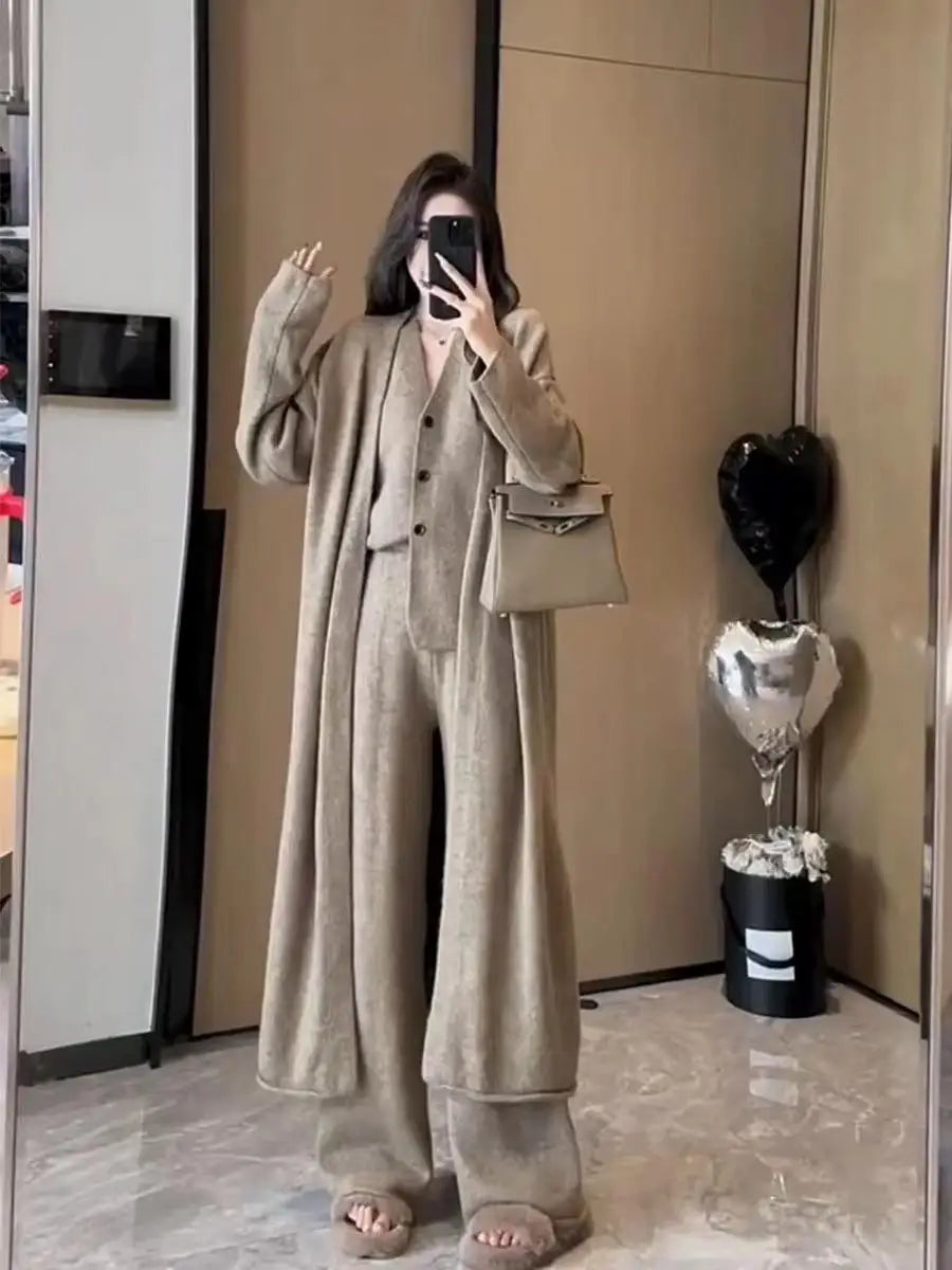 Aiertu New Autumn Winter Women Knitted Three Piece Set Cardigan Sweater + Single Breasted Vest Tops And Wide Leg Pants Fashion Elegant Aiertu