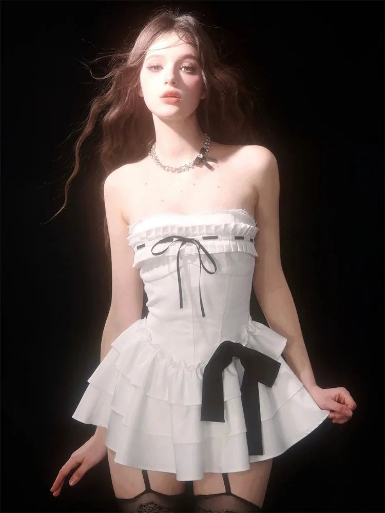 Aiertu Coquette Y2k Off Shoulder Sexy Ruffles Mini Dress Women Bow Sweet Kawaii Cute Design Party Short Dresses 2024 Fashion Aiertu