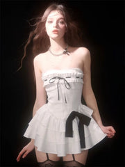Aiertu Coquette Y2k Off Shoulder Sexy Ruffles Mini Dress Women Bow Sweet Kawaii Cute Design Party Short Dresses 2024 Fashion Aiertu