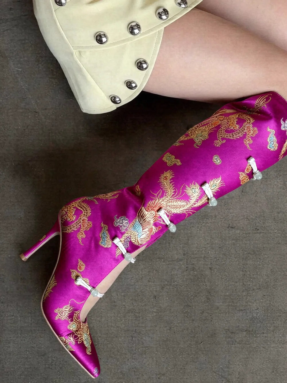 AIERTU  -  Retro Chinese Style Satin Pointed-Toe Knee Boots Brocade Embroidery Stiletto Heels Cutouts Design Unique Footwear Aiertu
