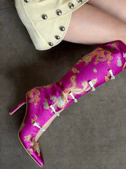 AIERTU  -  Retro Chinese Style Satin Pointed-Toe Knee Boots Brocade Embroidery Stiletto Heels Cutouts Design Unique Footwear Aiertu