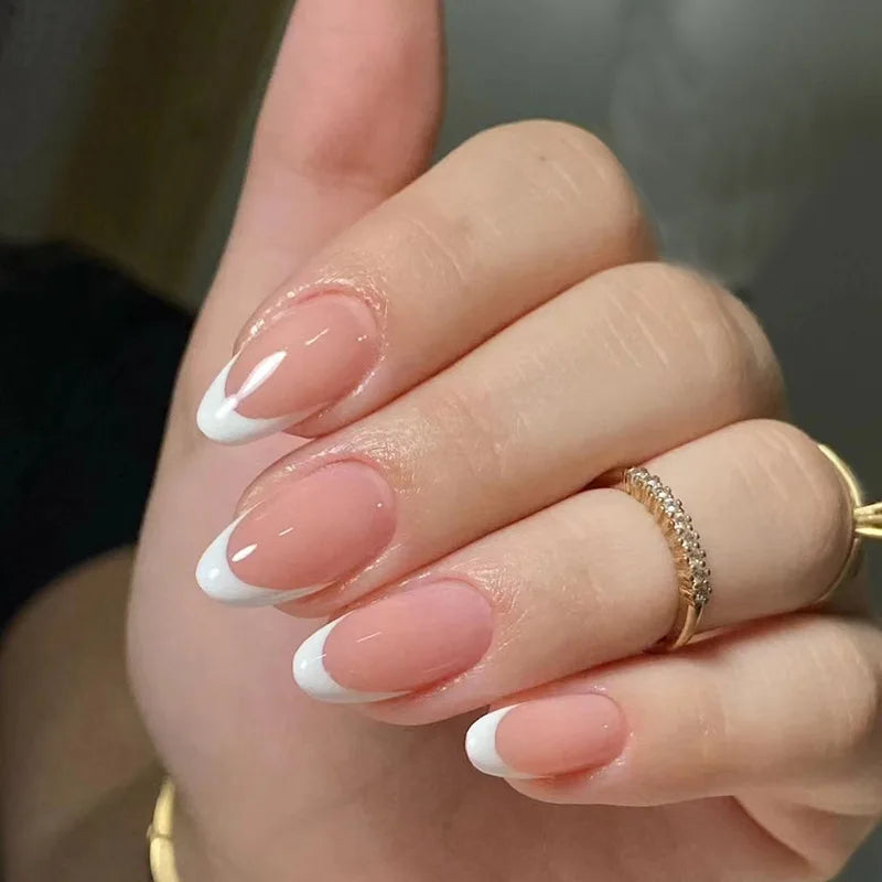 Aiertu 24Pcs Simple Green French False Nails Short Almond Fake Nails with Wave Line Design Wearable Round Head Press on Nail Tips Aiertu