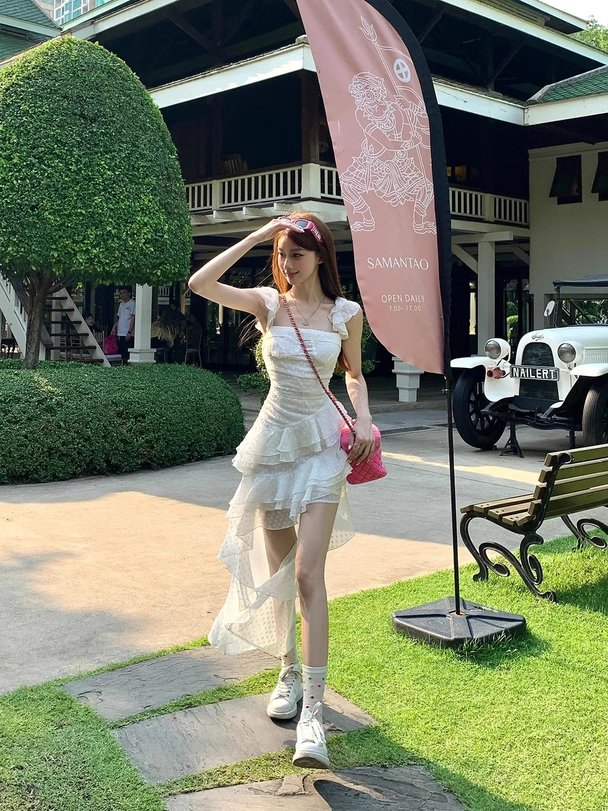 Aiertu Y2K Summer Women's Fashion One-shoulder Irregular Trailing Suspender Black White Chic Tutu Dress Street Wear Vacation Sundress Aiertu