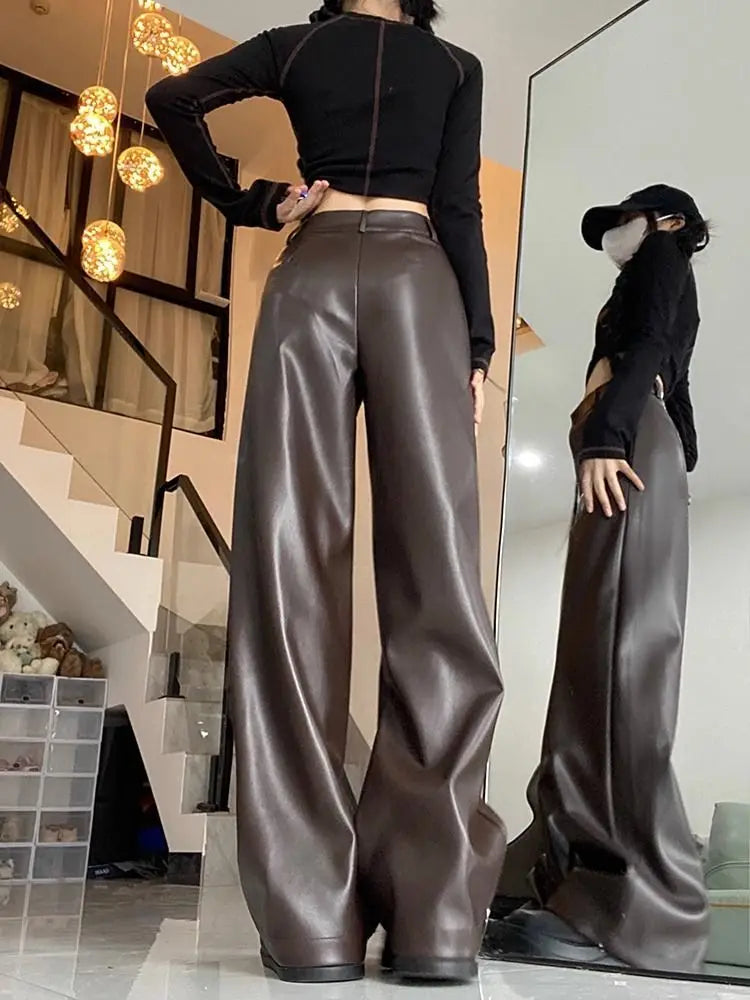 Aiertu PU Leather Straight Pant Black Women Autumn Wide Leg Leather Baggy Pants High Waist Casual Streetwear Loose Trousers Aiertu