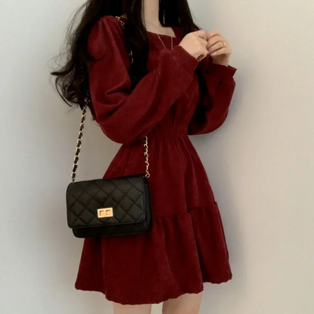 Aiertu  Vintage Mini Dress Women Sweet Retro Wrap Square Collar Long Sleeve Short Dresses Solid 3 Colors Preppy Style Clothes Aiertu