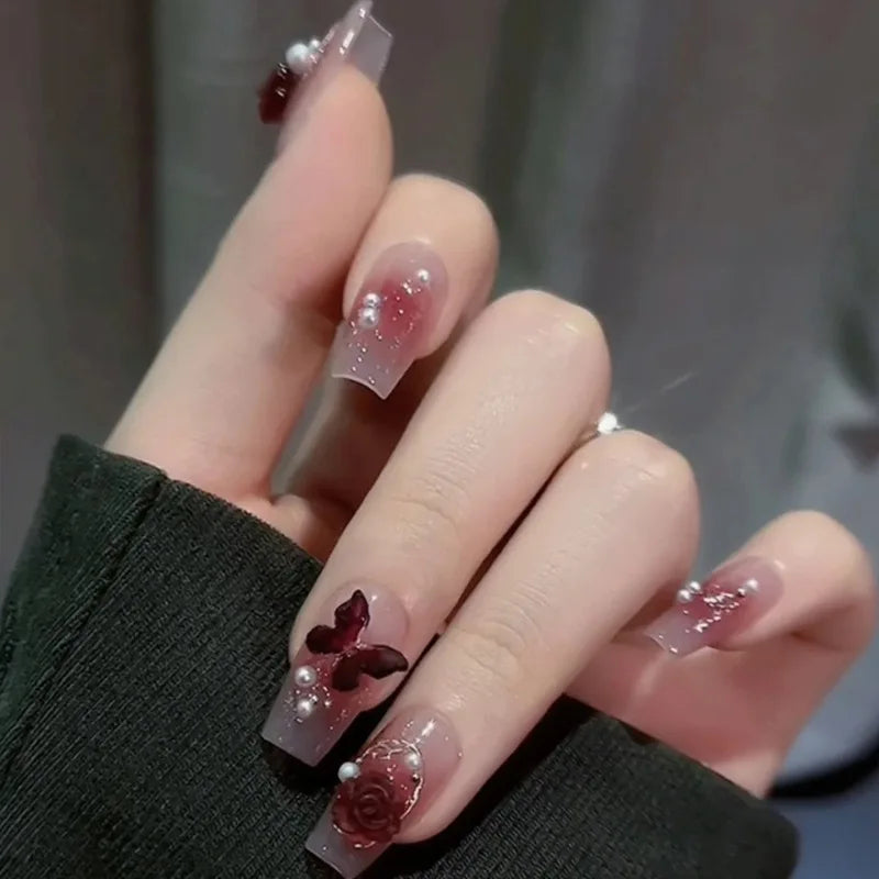 Aiertu 24Pcs Valentine Nails Press on Love Y2k Acrylic Nails Sparkle Butterfly French Cat Eye Almond Full Cover Stick on False Nail Tip Aiertu
