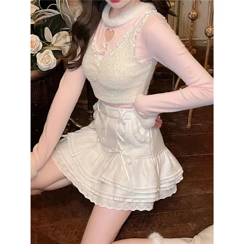 Aiertu Japanese Sweet Soft Knitted Skirt Women Pink Lace Designer Casual Mini Skirt Spring Korean Party High Waist Vintage Clothes Aiertu