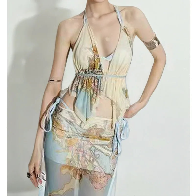 AIERTU  -  Floral Plant Printed Bikini Set Women's Slim-fit Fashion Lace Up Sexy Perspective Backless Holiday Beach Dopamine Style Dress Aiertu