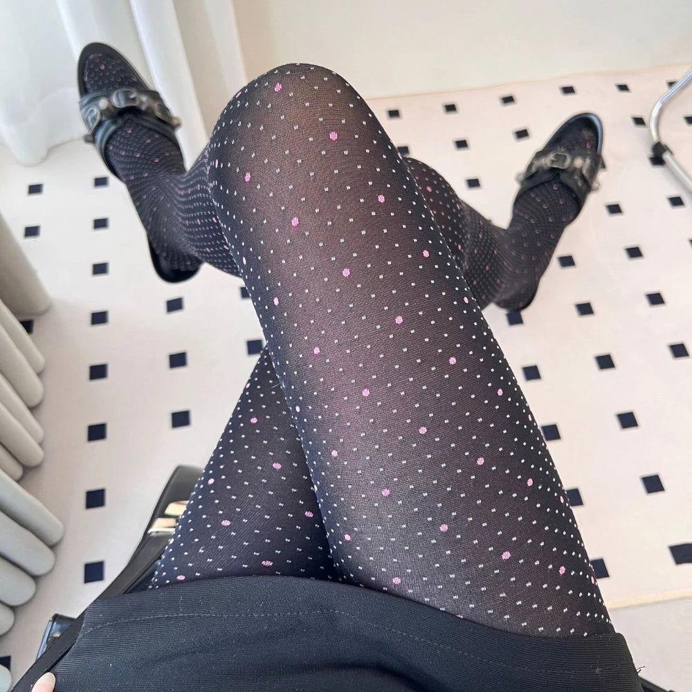 AIERTU  -  Sweet Cool Black Pink Polka Dot Ins Tights Autumn Color Block Velvet Trendy Women Base Stockings Daily Skirt Commute Stockings Aiertu
