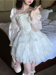 Aiertu Japanese Sweet Fairy Lolita Dress Women White Mesh Elegant Princess Dress Female Bow Casual Evening Party Dress Summer Slim Aiertu