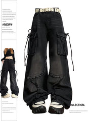 Aiertu Women's Black Gothic Baggy Cargo Jeans with Star Harajuku Y2k 90s Aesthetic Denim Trousers Emo 2000s Jean Pants Vintage Clothes Aiertu