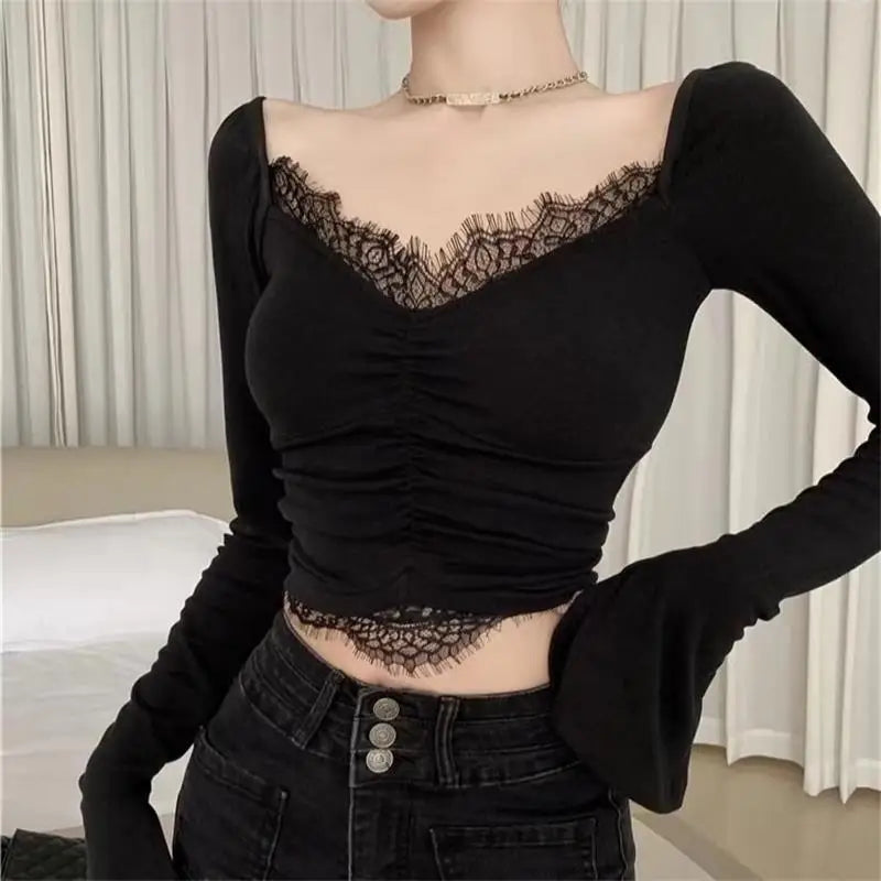 Aiertu FALL OUTFIT Korean Crop Top Autumn Women Aesthetic V-neck Lace Patchwork Solid Color Tops Sexy Skinny Casual Long Sleeve T-shirt aiertu