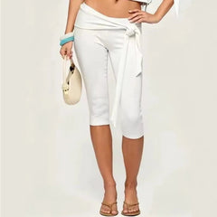 AIERTU  -  Low Waisted Lace Up Cropped Pants Women's Summer Fashion Solid Color Multiple Styles High Stretch Slim Fit Leisure Cropped Pants Aiertu