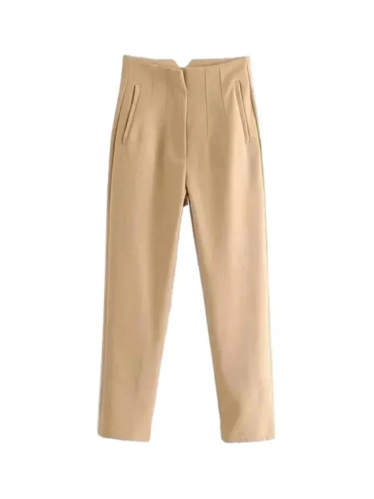 Aiertu Women Fashion With Pockets Casual Basic Solid Pants Vintage High Waist Zipper Fly Female Ankle Trousers Pantalones Mujer aiertu