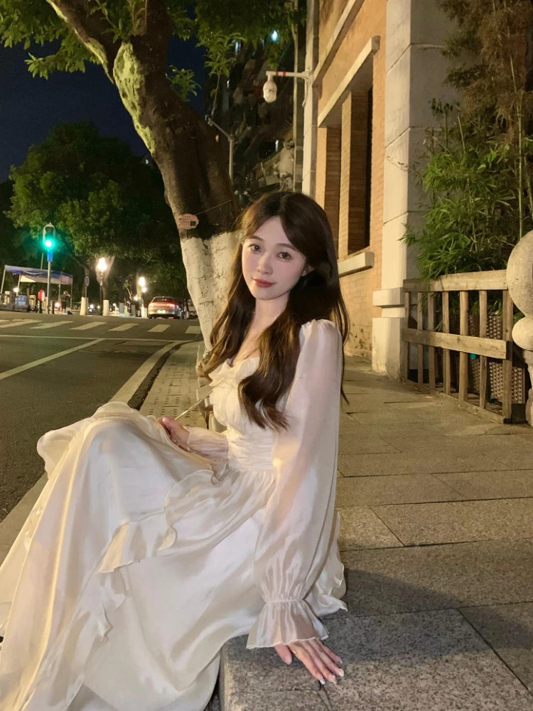 Aiertu Solid Elegant Fairy Dress Women Flare Sleeve Sweet Princess Midi Dress Ladies High-waisted Chic Evening Party Dress Summer Aiertu