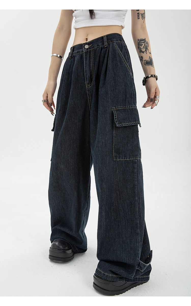 Aiertu Autumn Women Harajuku Cargo Baggy Blue Jeans Streetwear Hip Hop Oversize Casual Wide Leg Vintage Demin Pants Y2k Loose Trousers Aiertu