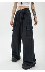 Aiertu Autumn Women Harajuku Cargo Baggy Blue Jeans Streetwear Hip Hop Oversize Casual Wide Leg Vintage Demin Pants Y2k Loose Trousers Aiertu