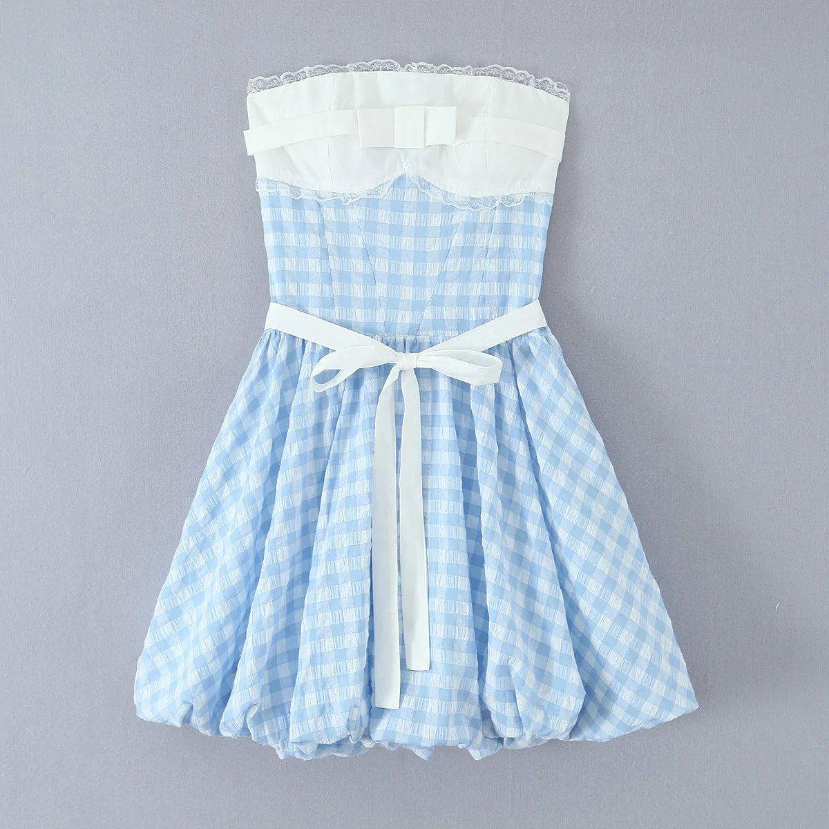 AIERTU  -  Blue Gingham Halter Mini Dress Women Y2K Ruffle Bustier Puff Balloon Hem Party Dress Aiertu