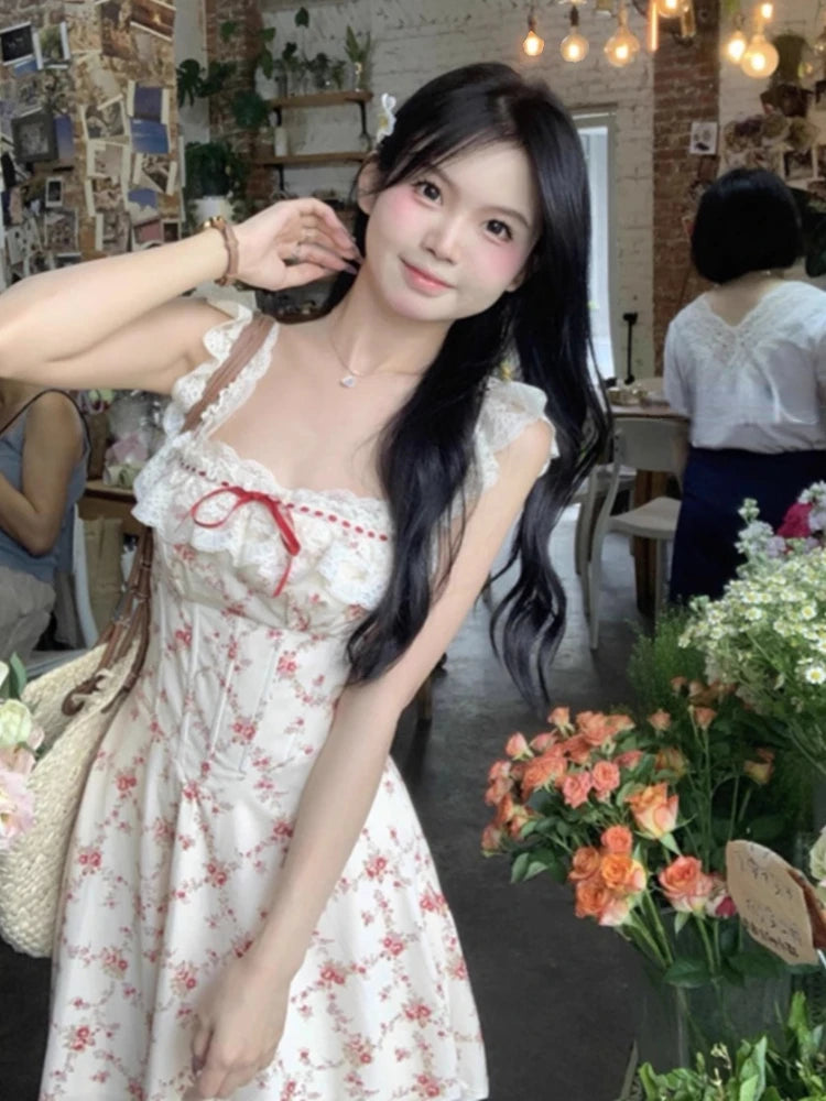 Aiertu Summer French Elegant Floral Midi Dress Beach Style Korean Fashion Lace Dress Evening Party Sexy Sleeveless Dress Woman Chic Aiertu
