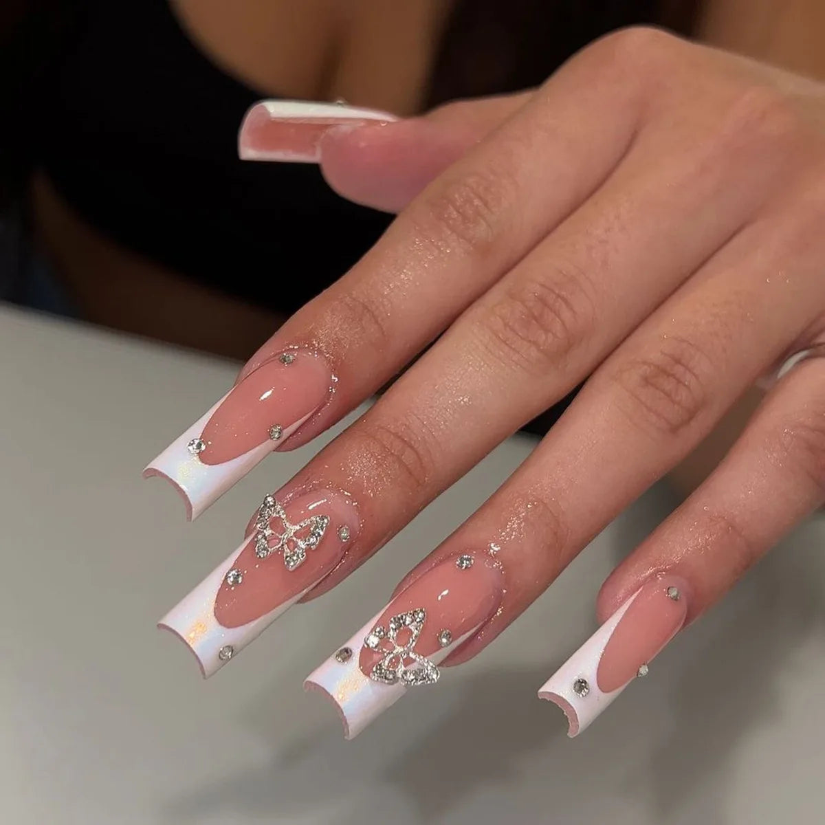 Aiertu 24Pcs Long Ballet False Nails with Bow Designs Pink Coffin Press on Nails Wearable French Fake Nail Full Cover Manicure Tips Aiertu