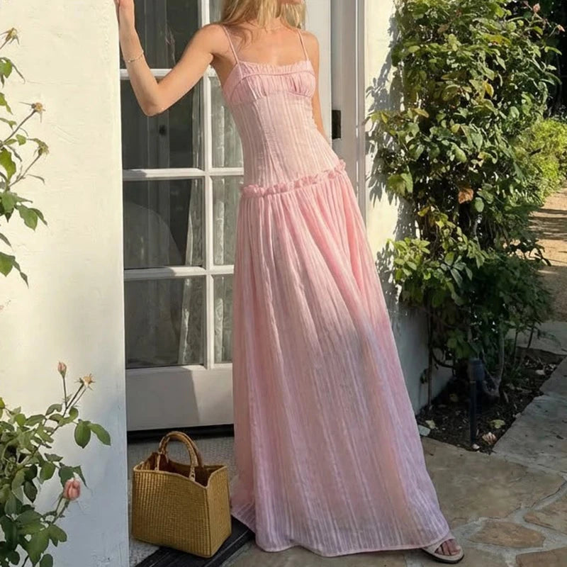 AIERTU  -  Women Y2K Maxi Dress Elegent Spaghetti Strap Square Neck Pleated Front Flowy Long Dress Summer Backless Ruched Ruffle Hem Dress Aiertu