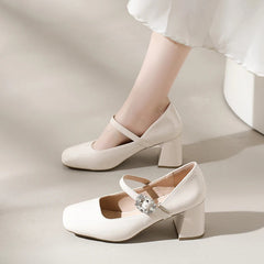 AIERTU  -  Mary Jane Chunky Heel Square Head Simple Single Shoes Women's Patent Leather Strap Diamond Buckle High Heels Spring Autumn Aiertu