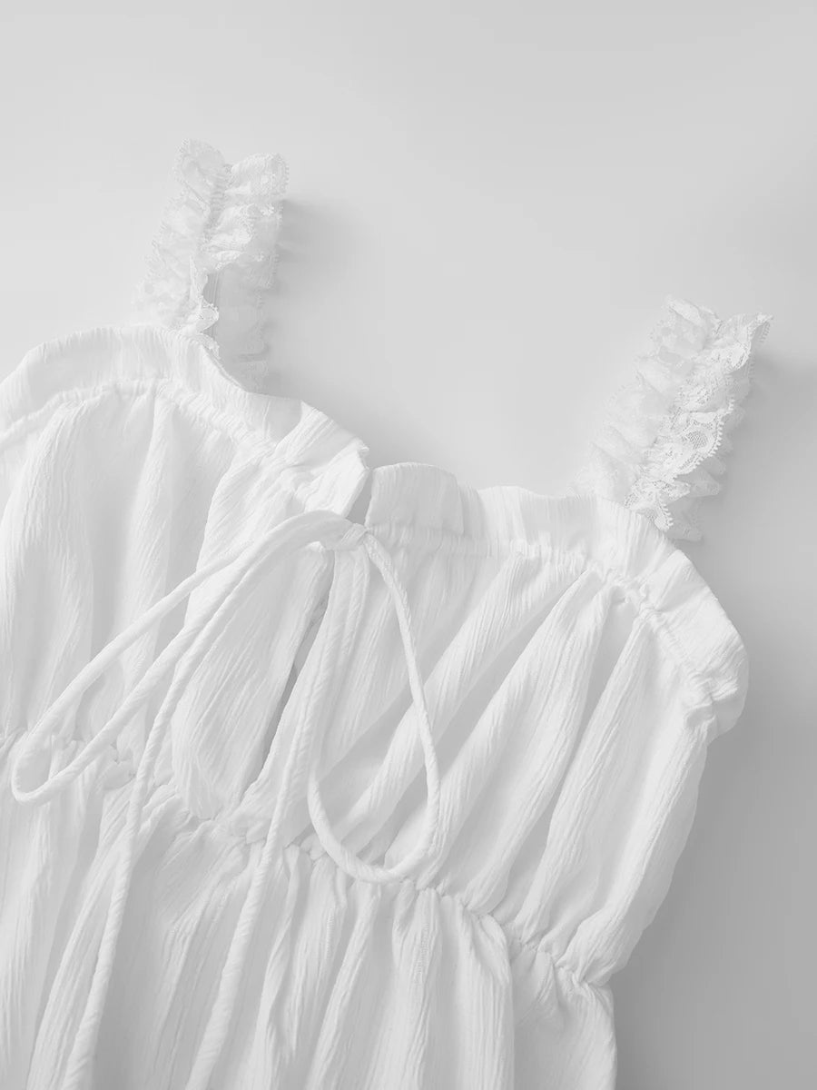 AIERTU  -  Women White Long Dress Lace Trim Tie-up V Neck Sleeveless Ruffle Loose Tank Dress for Evening Party Club Bohemian Summer Aiertu