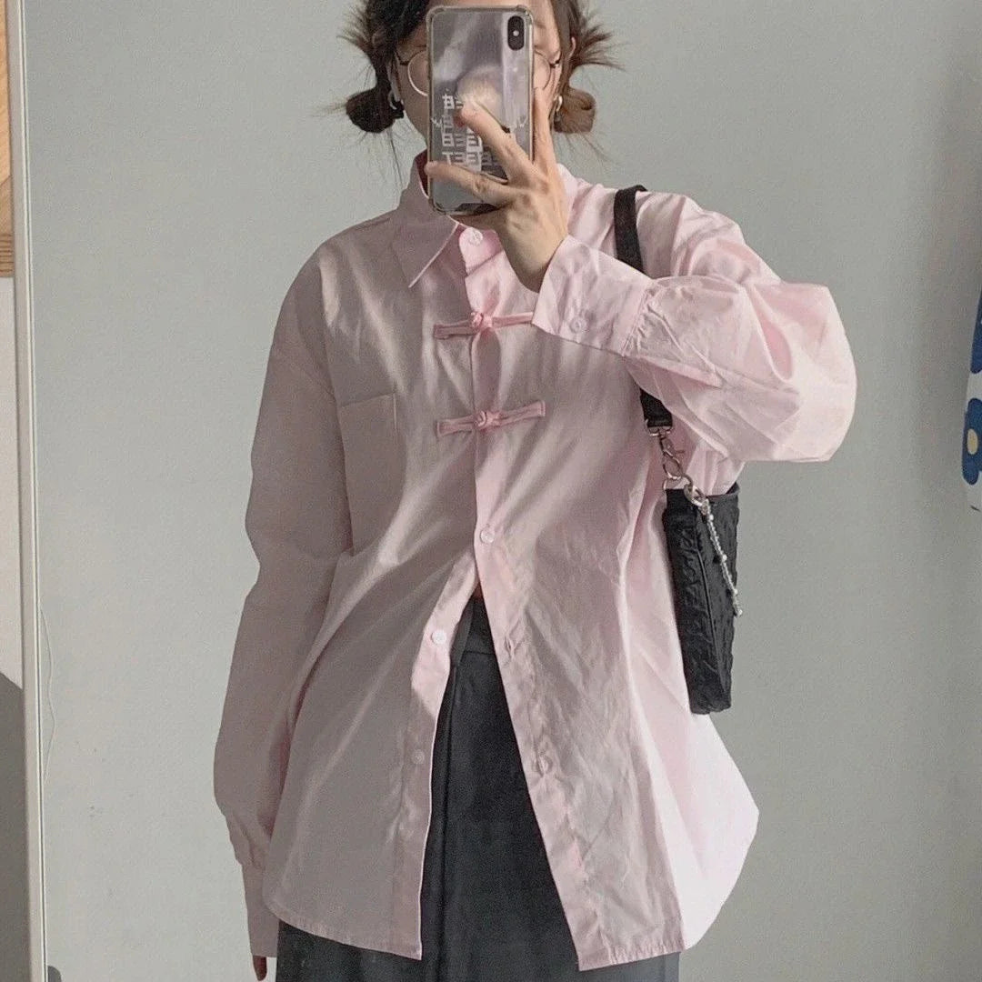 Aiertu Chinese Harajuku Fashion Button Design Loose Long Sleeve Blouse Women Casual All Match Vintage Shirt Y2k Aesthetic Blusa Aiertu