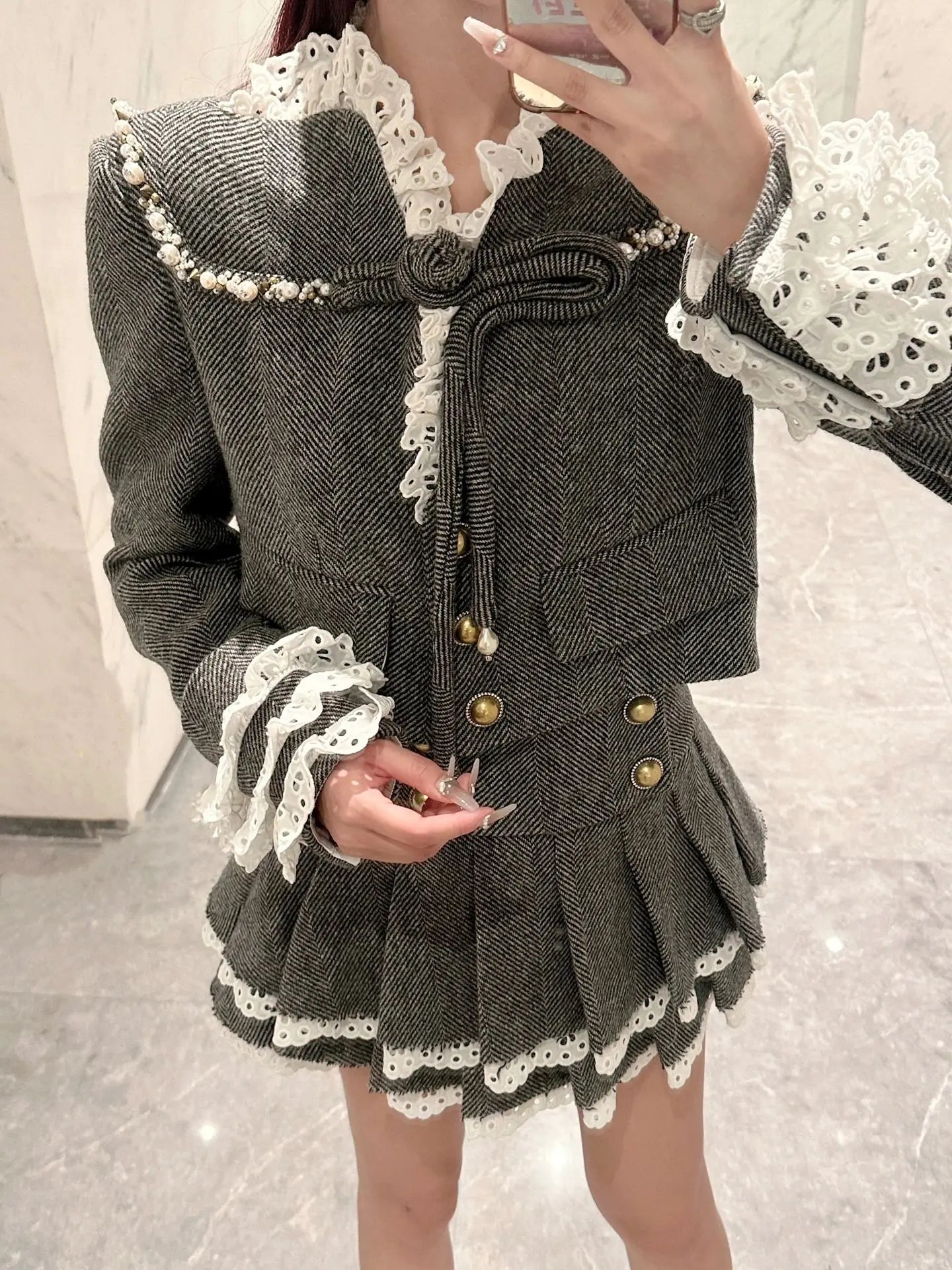 Aiertu Small Fragrant Autumn Sweet Single Breasted Lace Ruffles Jacket + High Waist Pleated Skirt Two Peice Set for Women Matching Sets Aiertu