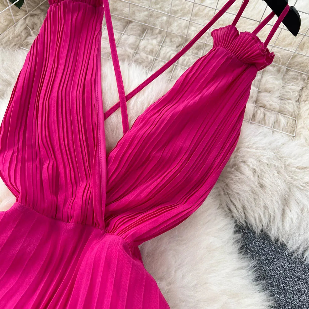 Aiertu Summer Sexy A Line Dress Deep V Neck Sling Cross Ruffles Backless Pleated Solid Women Elegant Evening Party Long Dress Aiertu