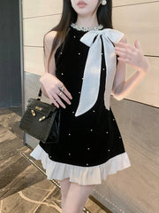 Elegant Dresses Women Sweet Fashion Bow Halter Beaded Vintage French Style Chic Sexy Mini Dress Patchwork Female Aiertu