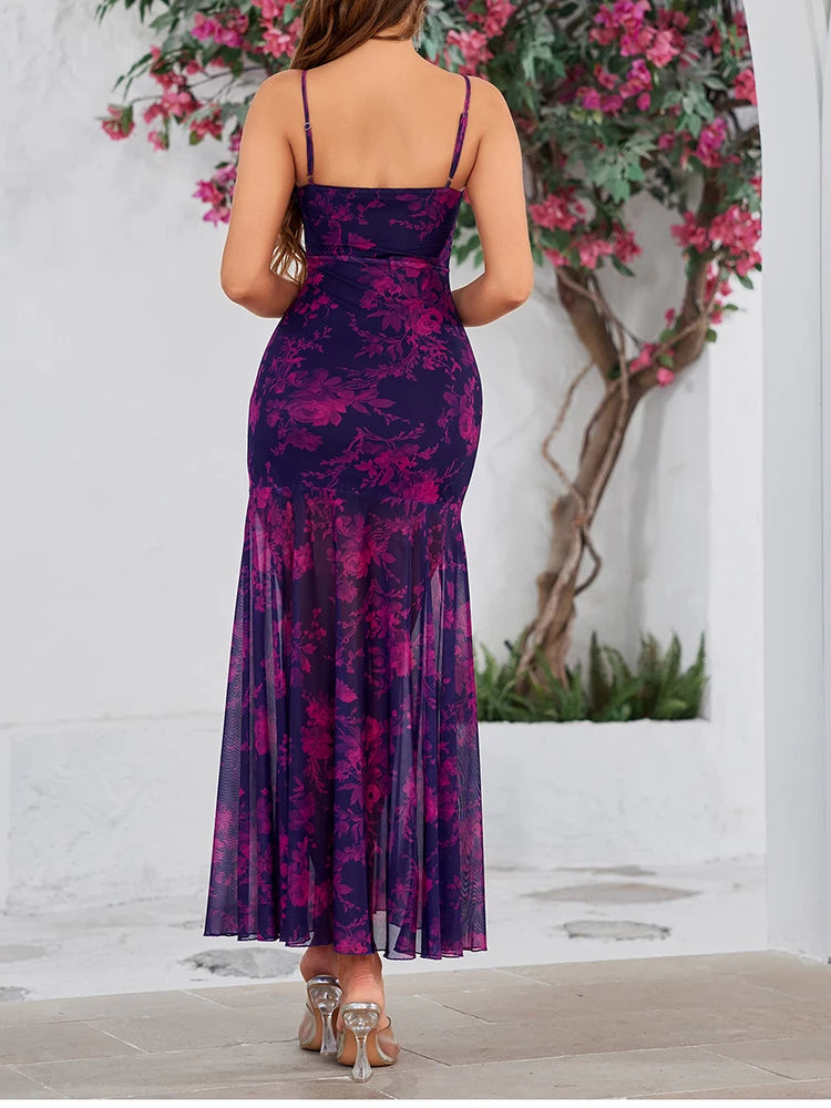 Aiertu  Sweet Floral Camisole Long Dress For Women Summer Print Empire Bodycon Vestido Beach Holiday Elegant Mesh Robes Female Aiertu